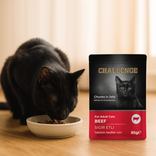 challenge sığır etli jöleli kedi konservesi ve tabağından mama yiyen siyah kedi