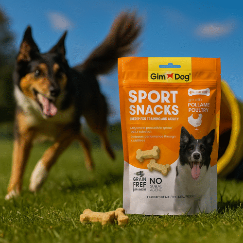 Yeşil çim üzerinde GimDog Sport Snacks paketi ve neşeyle koşan köpek