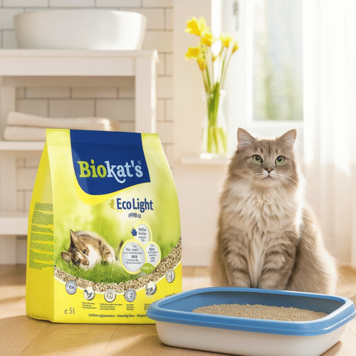 biokats eco light extra bitkisel kedi kumu ve kum kabı yanında oturan kedi
