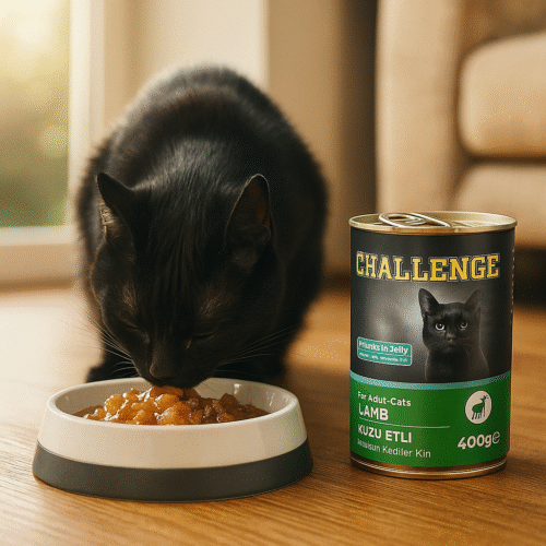 challenge kuzu etli jöleli kedi konservesi ve mama yiyen siyah kedi