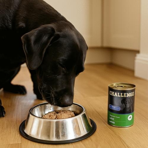 challenge kuzu etli pate köpek konservesi ve mama yiyen siyah köpek